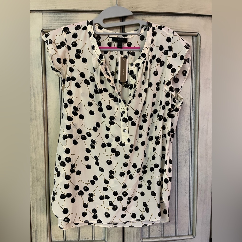 J. Crew Black and Cream Pleated Tie Front Blouse